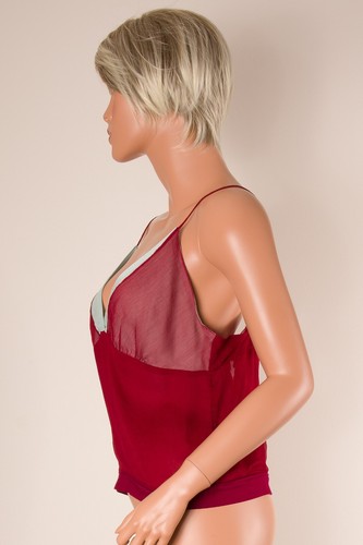 💖 RUTH Burgundy Tank Top Cami 100% Silk Crepe Aqua Blue Trim 8 - Picture 5 of 10