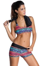 Women Swimwear Stripe Print Tankini Three Piece 3 PC Set Halter Bikini Swimsuit