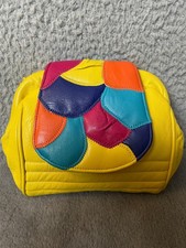Vintage Handbag Yellow Multicolor Flap Over Leather Clutch Crossbody Purse VTG