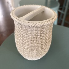Basketweave Ceramic Toothbrush Holder W/ 2 slots. New. Unused