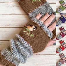 Winter Bird Embroidery Gloves Knit Fingerless Mittens Warm Stretchy Hand Warmer