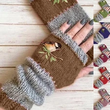 Winter Bird Embroidery Gloves Knit Fingerless Mittens Warm Stretchy Hand Warmer
