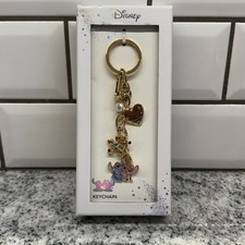 Disney Stitch Angel Ohana Means Family Heart Charm Keychain Gold Tone