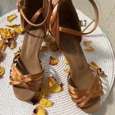 Brown Women's Satin Strappy Ballroom Dance Shoes Heels Suede Sole size 38 /7.5