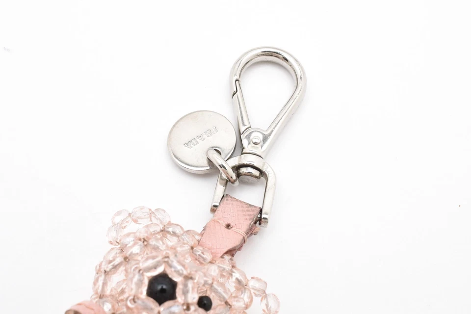 PRADA Key ring chain Bag Charm Pink Teddy Bear Crystal Beads Silver Logo Plate - Image 2 of 4