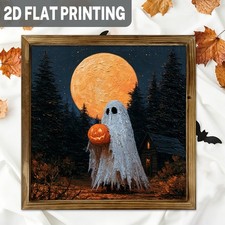 Vintage Ghost Pumpkin Full Moon Wooden Plaque Halloween Wall Decor Gift