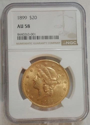 1899 LIBERTY HEAD $20 DOUBLE EAGLE US GOLD COIN GRADED NGC AU 58