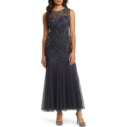 Pisarro Nights Elegant Slate Geometric Beaded Gown Size 14