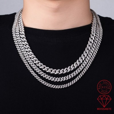 6-10mm Moissanite Miami Cuban Link Prong Chain Iced Hip Hop 925 Sterling Silver