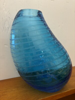 Blue Kidney Shaped Vase 10  Tall Some Chips at Rim See Photo #6