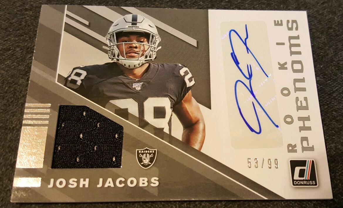 2019 DONRUSS FOOTBALL JOSH JACOBS RC ROOKIE PHENOMS JERSEY AUTO #53/99 *RAIDERS*