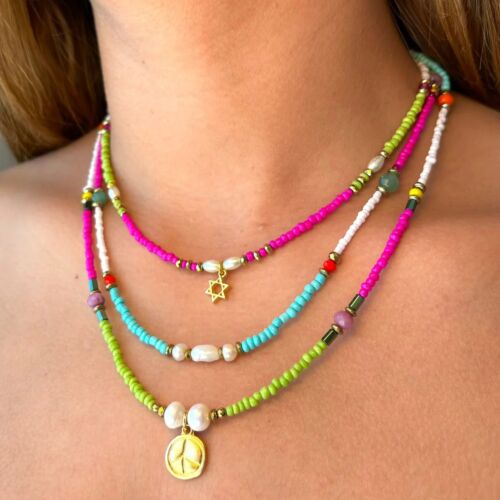 3 Layered Pearl, jade, Hematite Necklace, colorful fashion beads and gold charm - Picture 1 of 2