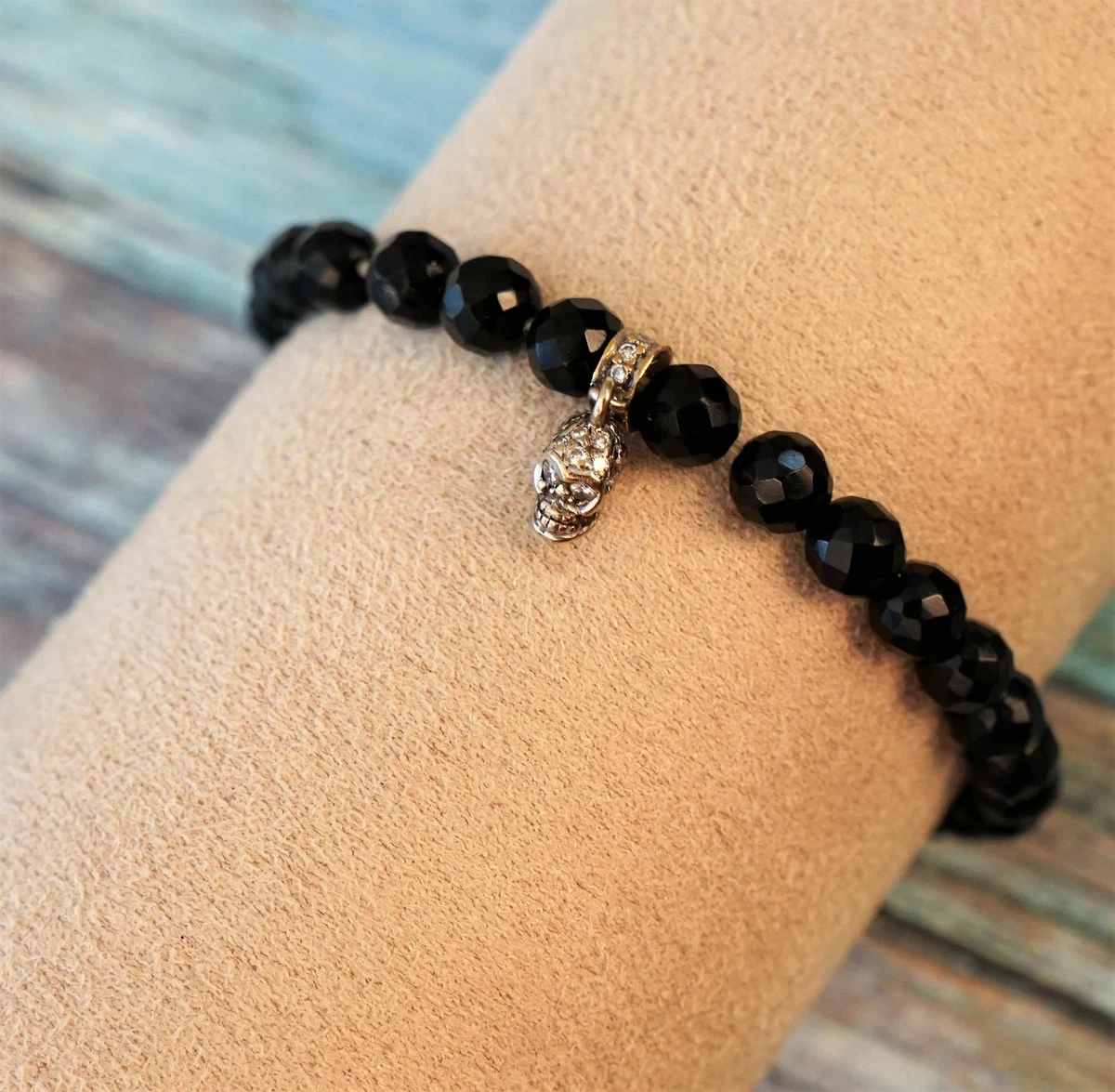 LOREE RODKIN 14K Gold Onyx Bead Diamond Skull Charm Bracelet 6.5&