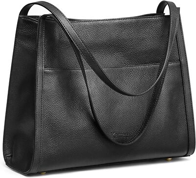 Kattee Genuine Leather Tote Bags for Women, Soft Shoulder Black 