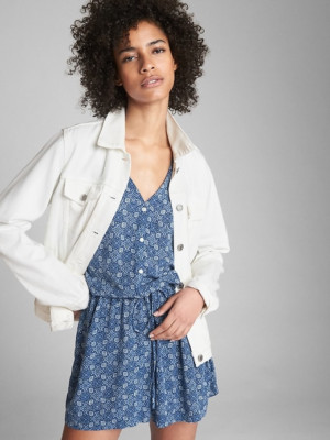 Gap Blue Print Long Sleeve Button Front Romper Petite 8 10 M