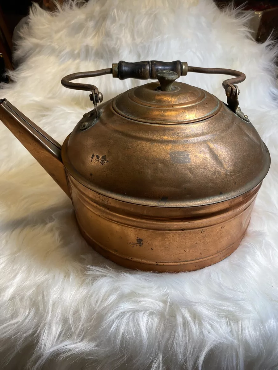 Large 9.25 Vintage Copper Tea Kettle with Wood Handle & Lid Marked Rome