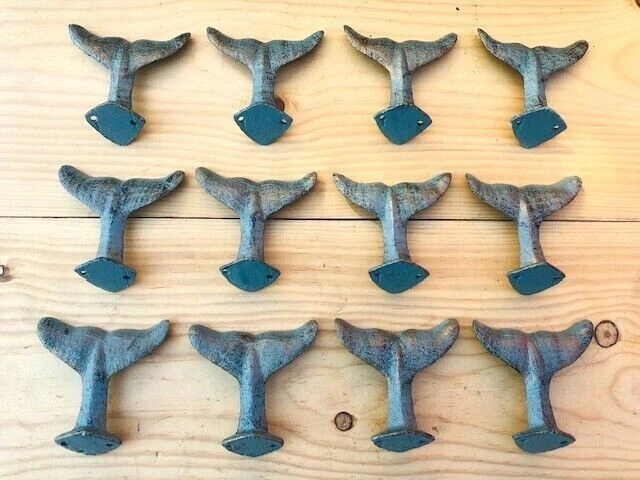 12 Cast Iron Whale Tail Hooks Coat Hat Closet Hall Tree Jacket Tale Hat  Green