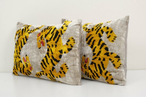 Pair Tiger Ikat Velvet Pillow, Silk Lumbar Cushion Cover - Picture 3 of 6