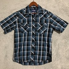 Wrangler Men  s Western Shirt Medium Black Blue Plaid Pearl Snap Short Sleeve