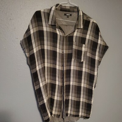 Jackson Mens  LARGE Cutoff Button Down Shirt Olive Plaid Extended Length [NEW]