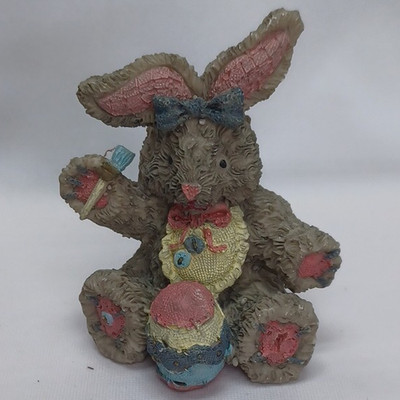 Gray Rabbit Resin Figurine Holding Painted Easter Egg Easter Decor