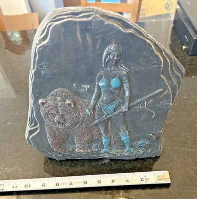 Native American Style Woman Bear Stone Art Etched Rock 11 Inch Decor
