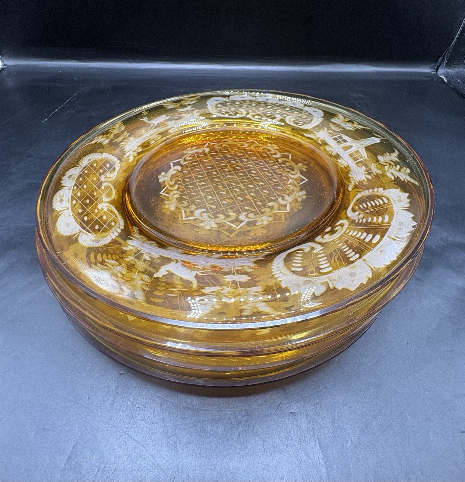 Bohemian Amber Cut To Clear 6 Plates 8.5” Wide Castle,deer,forest,hunting