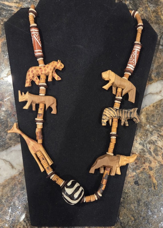 Tribal Safari Style Animals Wood Handcarved And Painted Necklace