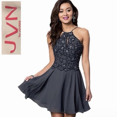JVN by Jovani Embellished Halter A-Line Dress Gray Size 0