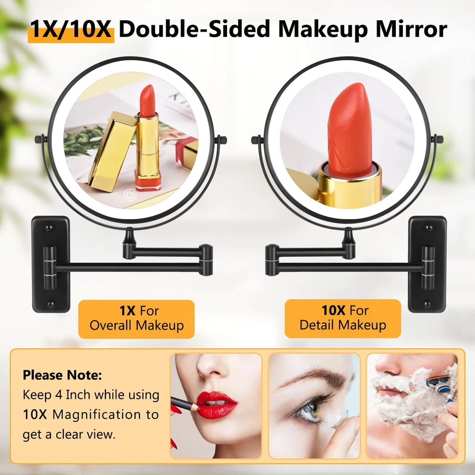 Rechargeable Wall-Mounted Makeup Mirror, 10X Magnification, 3 Color Lights - Image 4 of 4