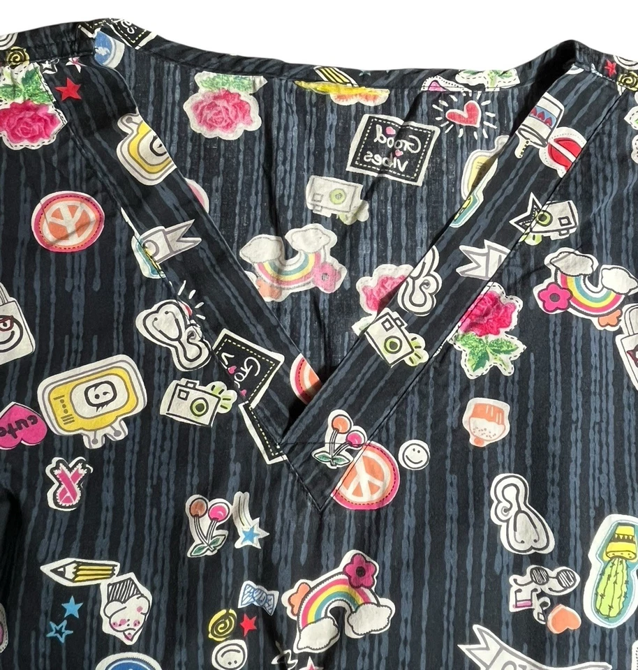 Scrub Top Plus Size 4X / 5X Black Cotton Blend Pockets Good Vibes - Image 3 of 4