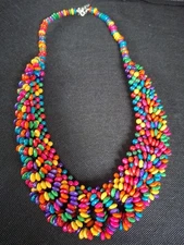 Colorful Multi Strand Painted Wood Bead Adjust. Chuncky Island Tropical Necklace