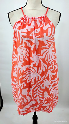 NEW Rachel Zoe Orange Pink Tropical Tie Neck Halter Dress Gauze Linen Pockets S