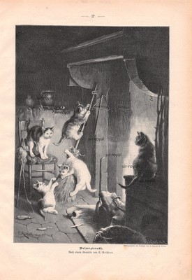 Walpurgisnacht Katzen - Carl Reichert - 1898 - Historischer Holzstich ~22x31cm