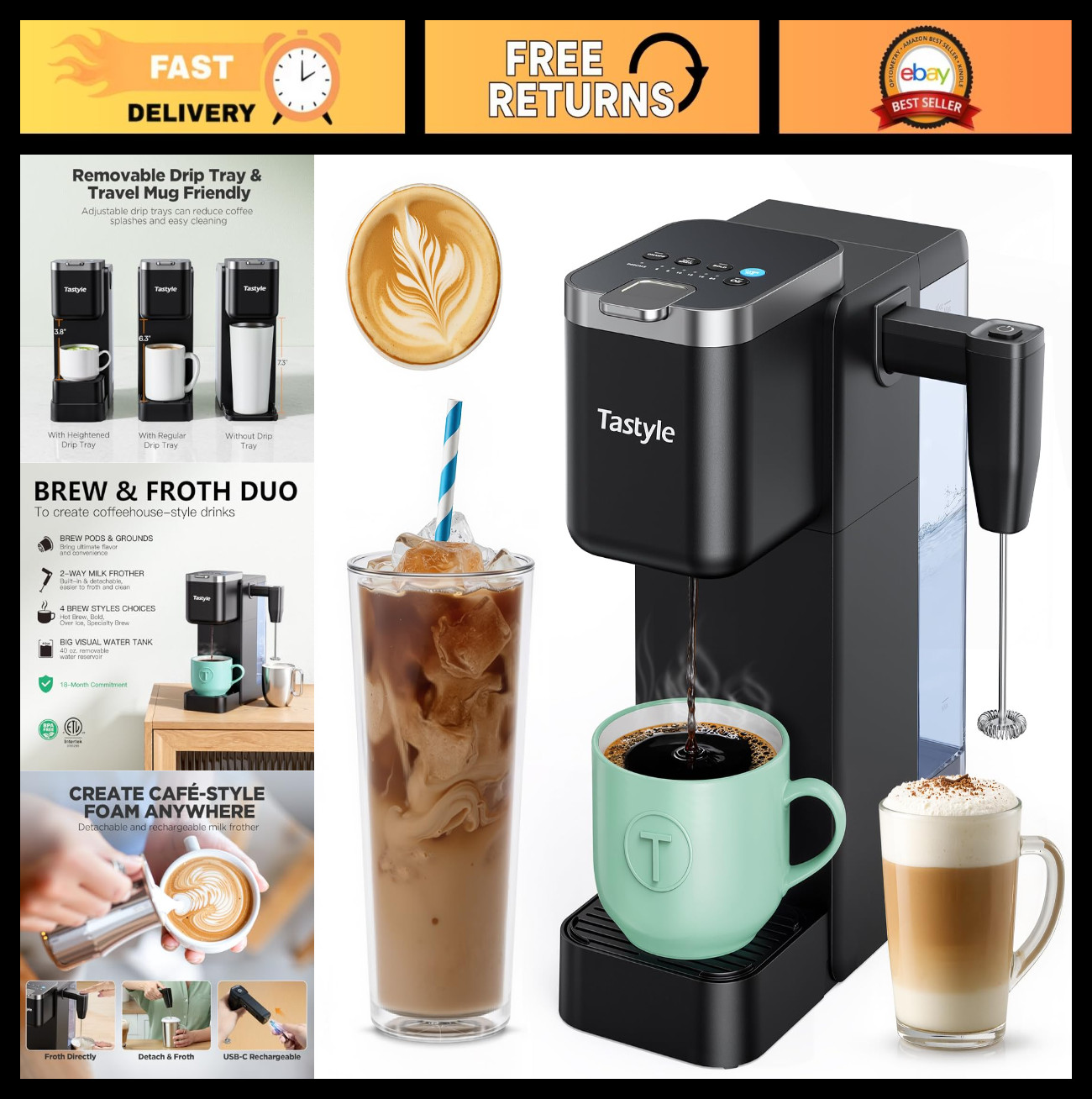 With Milk Frother, Iced & Hot Coffee Machine, 40oz Res