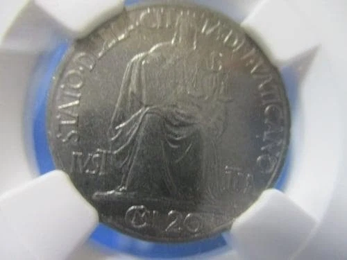 1942 Vatican 20 Centesimi NGC MS65 Pius XII Justitia Stainless Coin