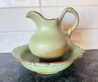 Vintage Frankoma Art Pottery Prairie Green 40A & 40B Bowl Basin & Pitcher Set