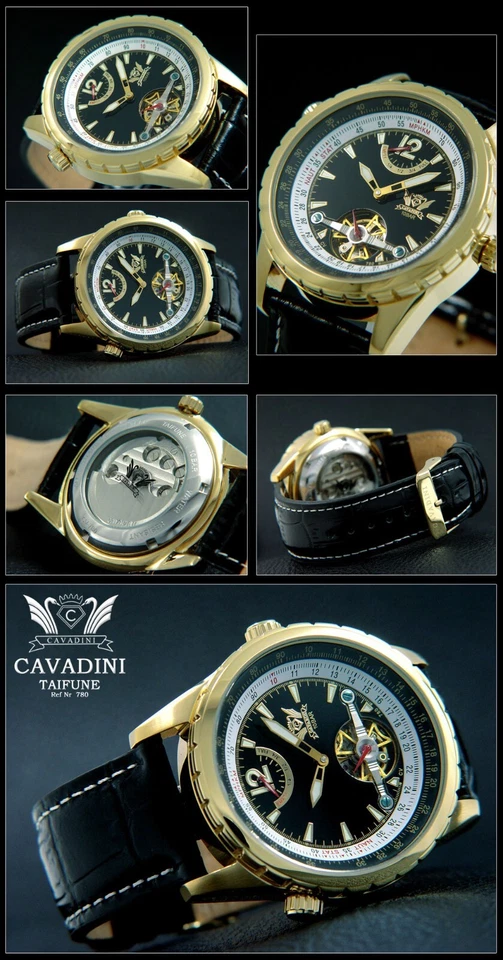 Automatik Cavadini Herrenuhr Edelstahl Vergoldet Gangreserve CV-780 schwarz - Bild 3 von 3