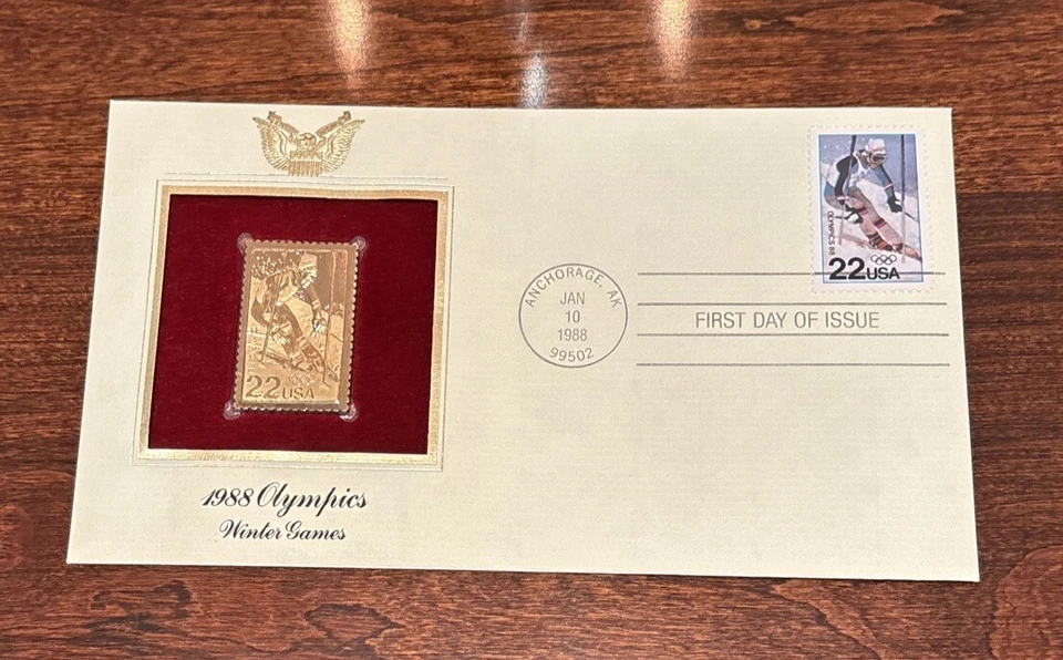 1988 Winter Olympics Games 22kt Gold GOLDEN Replica FDC Cover STAMP FCI - Image 2 of 3