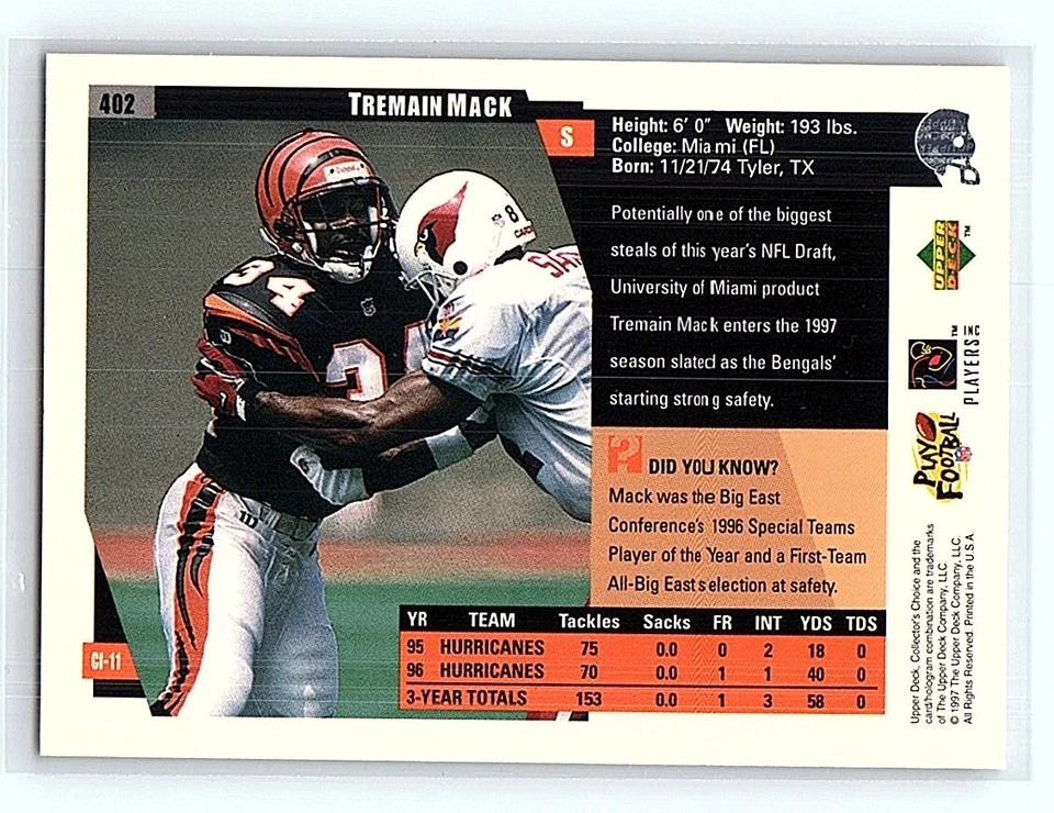 1997 Collector's Choice Tremain Mack Rookie Cincinnati Bengals #402 - Image 2 of 2