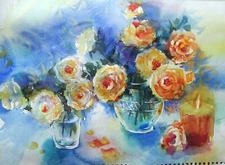 WATERCOLOR HAND PAINTING AQUARELLE STILL LIFE FLOWERS ROSES CANDLE
