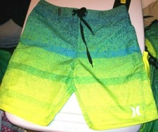 NEW Hurley green yellow stripe boys youth sz 4 swim board shorts swimsuit
