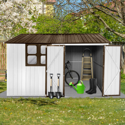 Metal Garden Sheds 10ftx8ft Outdoor Storage Sheds White+Coffee with Window