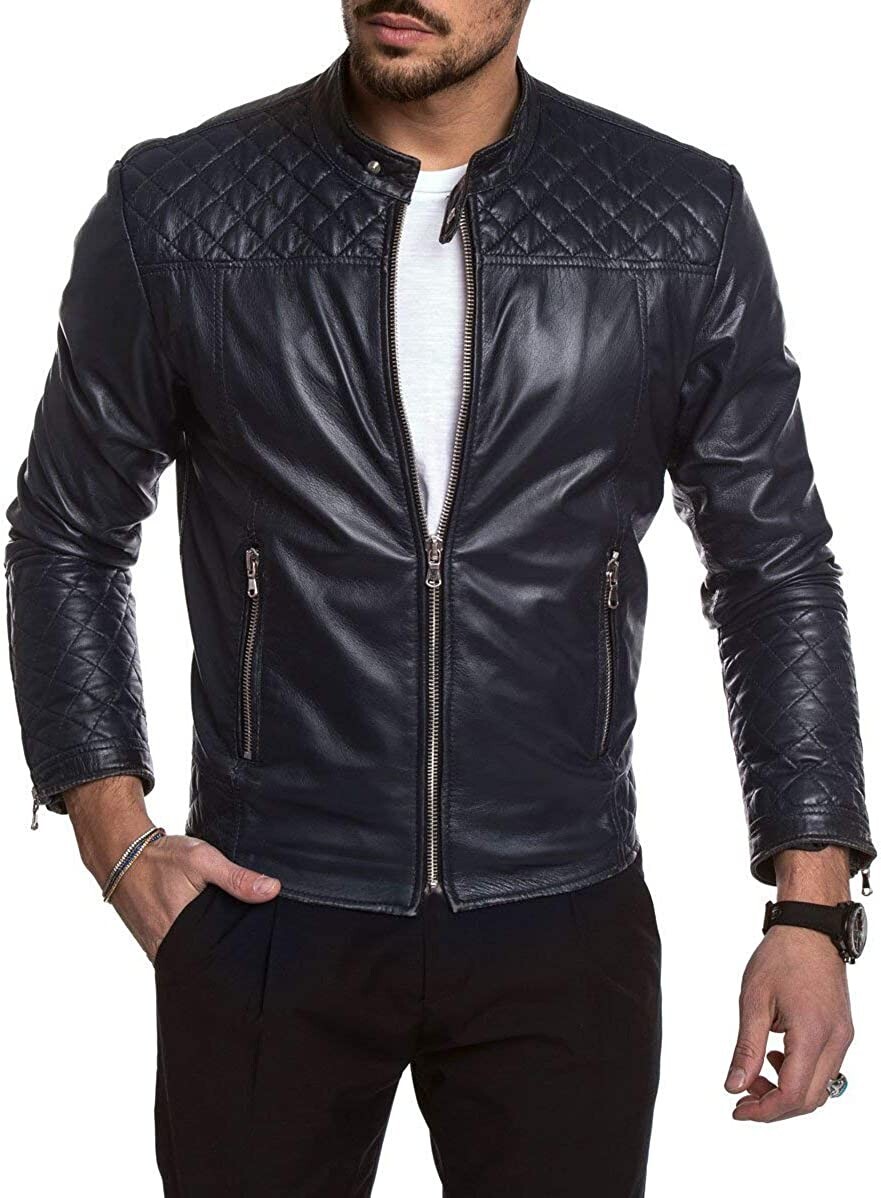 Men's Slim Fit Blue Biker Leather Jacket Real Racer Motorcycle Style 16-image