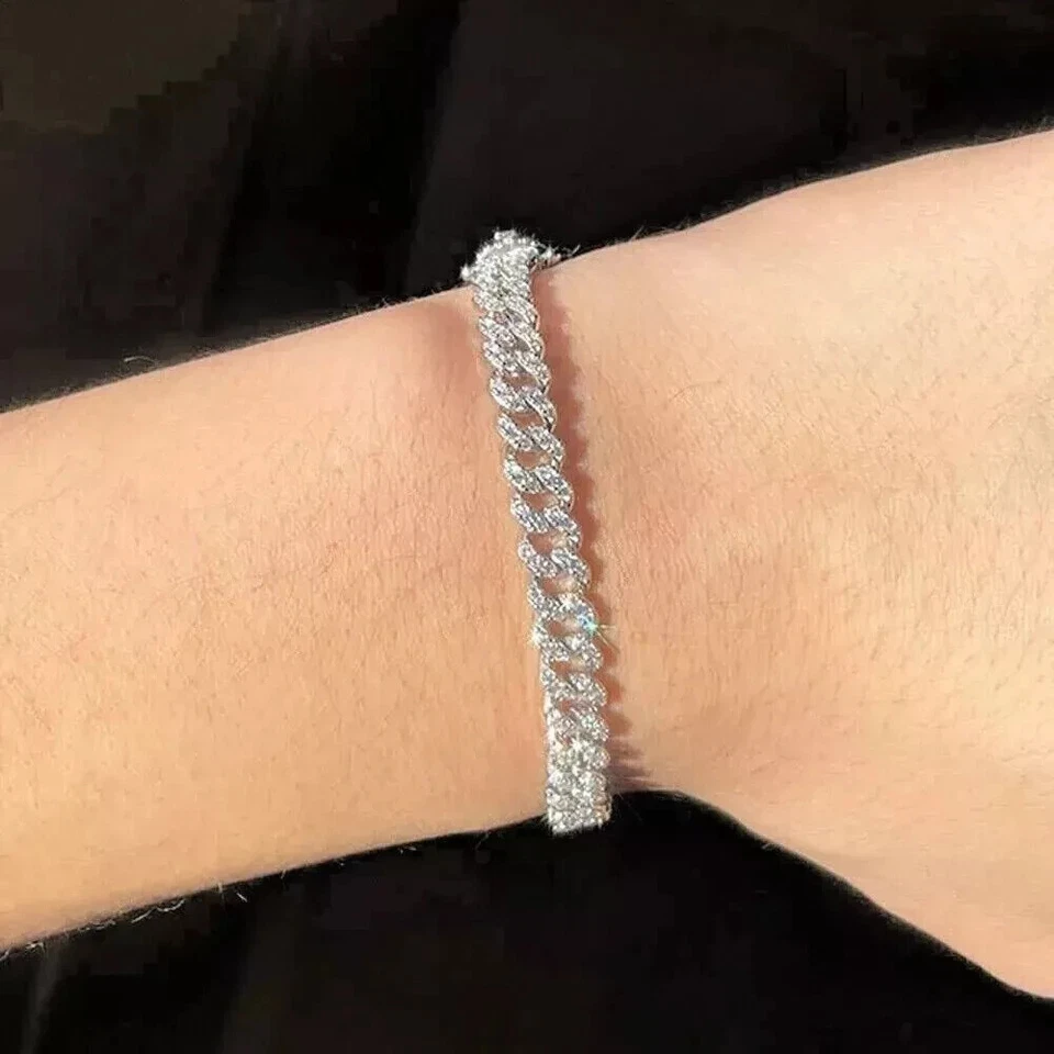 8MM Round Lab-Created Diamond Men Cuban Link Bracelet 14k White Gold Plated 8"in - Image 2 of 4