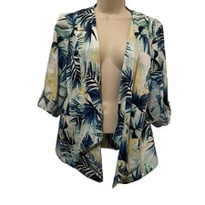 Chicos 100 Linen Tropical Print Open Front Blazer Jacket Size 2 Large 