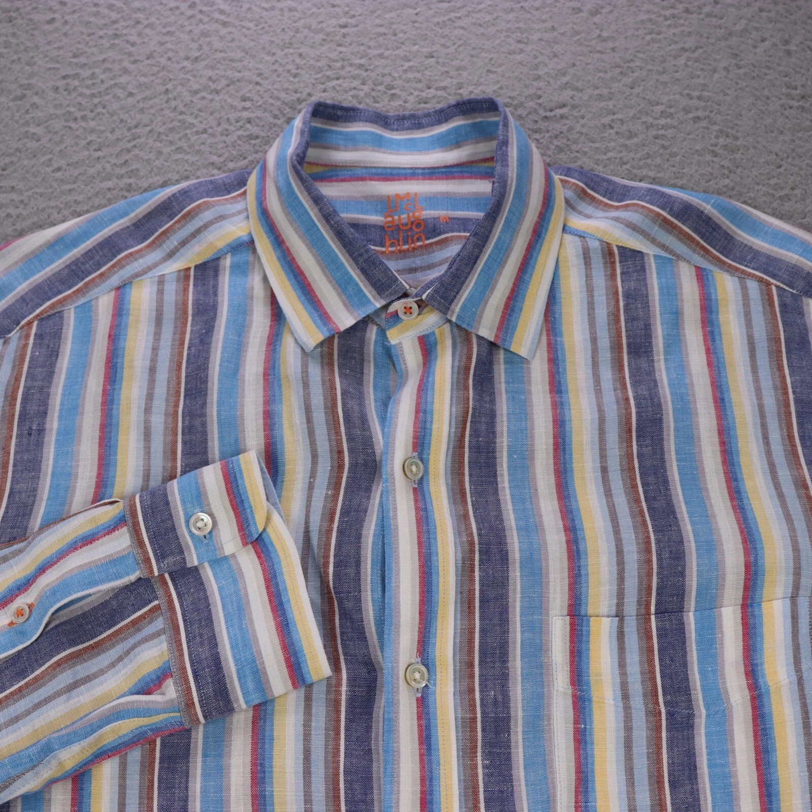 J. Mclaughlin Shirt Mens Medium Blue Striped Linen Nutton Long Sleeve Preppy