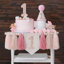 Pink First Birthday Decorations for Girl High Chair Banner for Girl 1st Birth...
