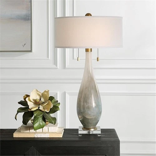Uttermost Cardoni 2-Light Transitional Fabric & Glass Table Lamp in White/Bronze - Picture 2 of 7