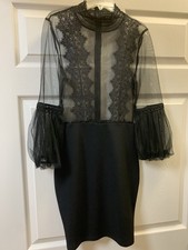 Black Lace Top Dress With Long Net Lace Sleeves-Beautiful-Size Small-Short